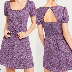 Abercrombie & Fitch Floral Puff Sleeve Mini Dress Back Cutout & Corset Tie Sz M